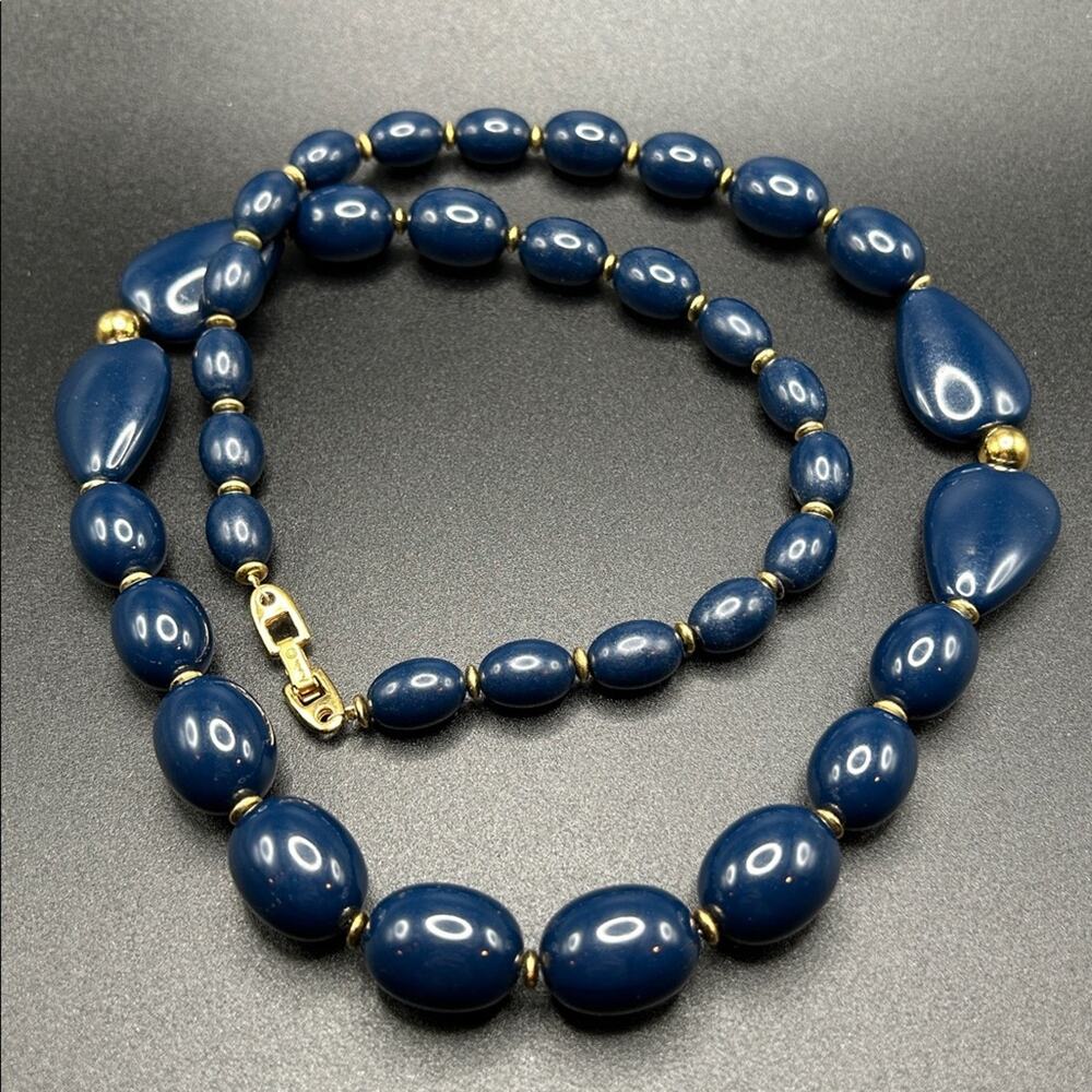 L42 Napier Blue Beaded Necklace gold tone accents